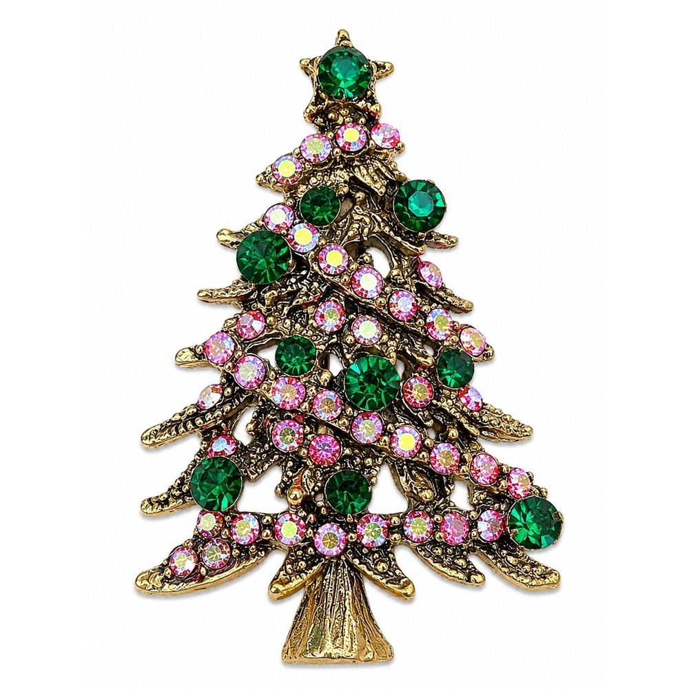New Christmas Tree Brooch Green Pink AB Rhinestone Gold Tone Holiday Pin Gift